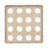 A square beige plastic tray, resembling a Traex Rack-Master warewashing rack, features sixteen circular cutouts in a 4x4 grid. Viewed from above against a white background, it has rounded corners and small holes along the edges.
