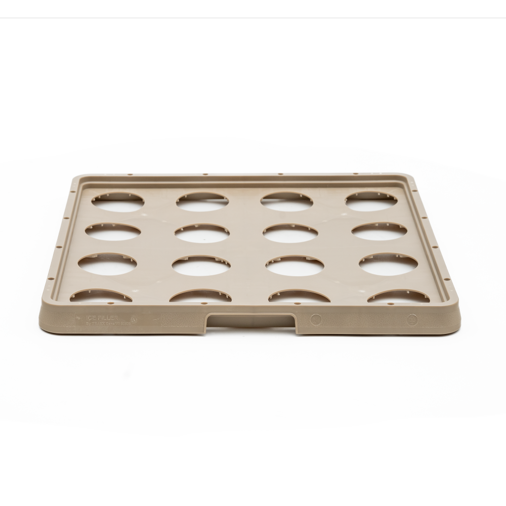 A beige rectangular plastic tray from the Traex Rack-Master line, featuring raised edges and fifteen evenly spaced circular cutouts arranged in three rows of five, ideal for use with warewashing racks. The tray has a small indented notch in the front edge.