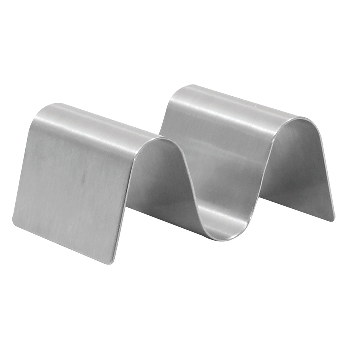 A stainless steel Taco Taxi Server with a shiny, brushed finish. Its wavy, zigzag design features three curved sections and holds 1-2 tacos upright for easy filling and serving.