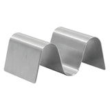 A stainless steel Taco Taxi Server with a shiny, brushed finish. Its wavy, zigzag design features three curved sections and holds 1-2 tacos upright for easy filling and serving.