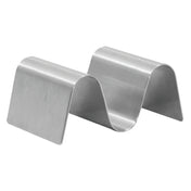 A stainless steel Taco Taxi Server with a shiny, brushed finish. Its wavy, zigzag design features three curved sections and holds 1-2 tacos upright for easy filling and serving.