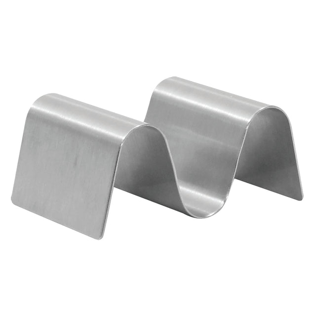 A stainless steel Taco Taxi Server with a shiny, brushed finish. Its wavy, zigzag design features three curved sections and holds 1-2 tacos upright for easy filling and serving.