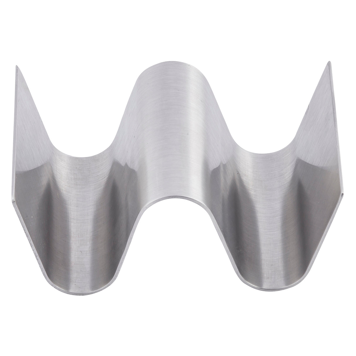 A dishwasher safe Taco Taxi Server, crafted from stainless steel, features a wavy M-shaped design with two upward curves to hold tacos upright. Its smooth, reflective surface is showcased against a white background.