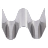 A dishwasher safe Taco Taxi Server, crafted from stainless steel, features a wavy M-shaped design with two upward curves to hold tacos upright. Its smooth, reflective surface is showcased against a white background.