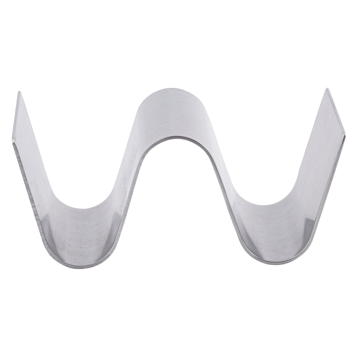 A curved, metallic object shaped like a smooth, symmetrical W. Crafted from brushed stainless steel, the ends are flat and squared off. Shot against a plain white background, this Taco Taxi Server features a sleek, minimalist design.