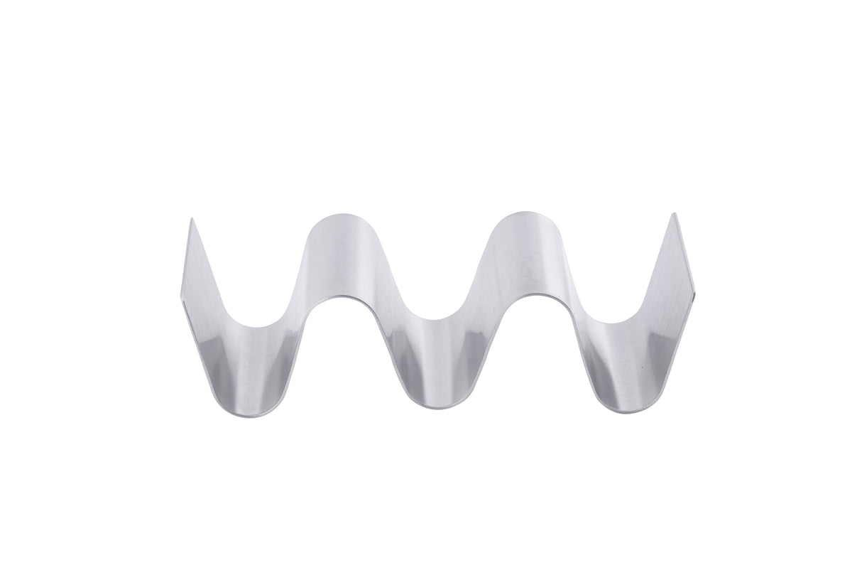 A silver, stainless steel object with a smooth, wavy zigzag shape and three peaks stands vertically on a white background. This Taco Taxi Server, with sharp edges and a shiny surface, holds 2-3 tacos securely.