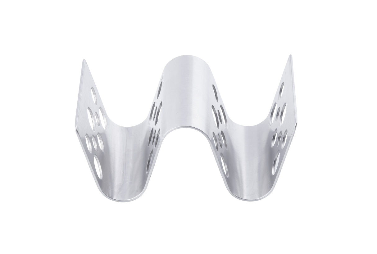 A metallic, wavy-shaped Taco Taxi Server made of stainless steel with a smooth finish, viewed from above. It features two upward curves, one downward curve, several circular holes on each side, and holds 1-2 tacos for a modern, minimalist look against the white background.