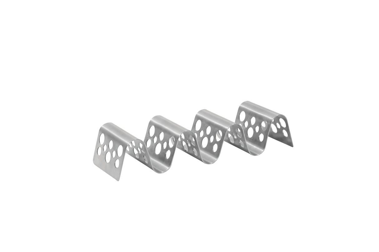 A zigzag-shaped stainless steel bracket with evenly spaced round holes on each angled section, designed for mounting or securing objects. Resembling a Taco Taxi Server, it has four peaks and is shown on a plain white background.