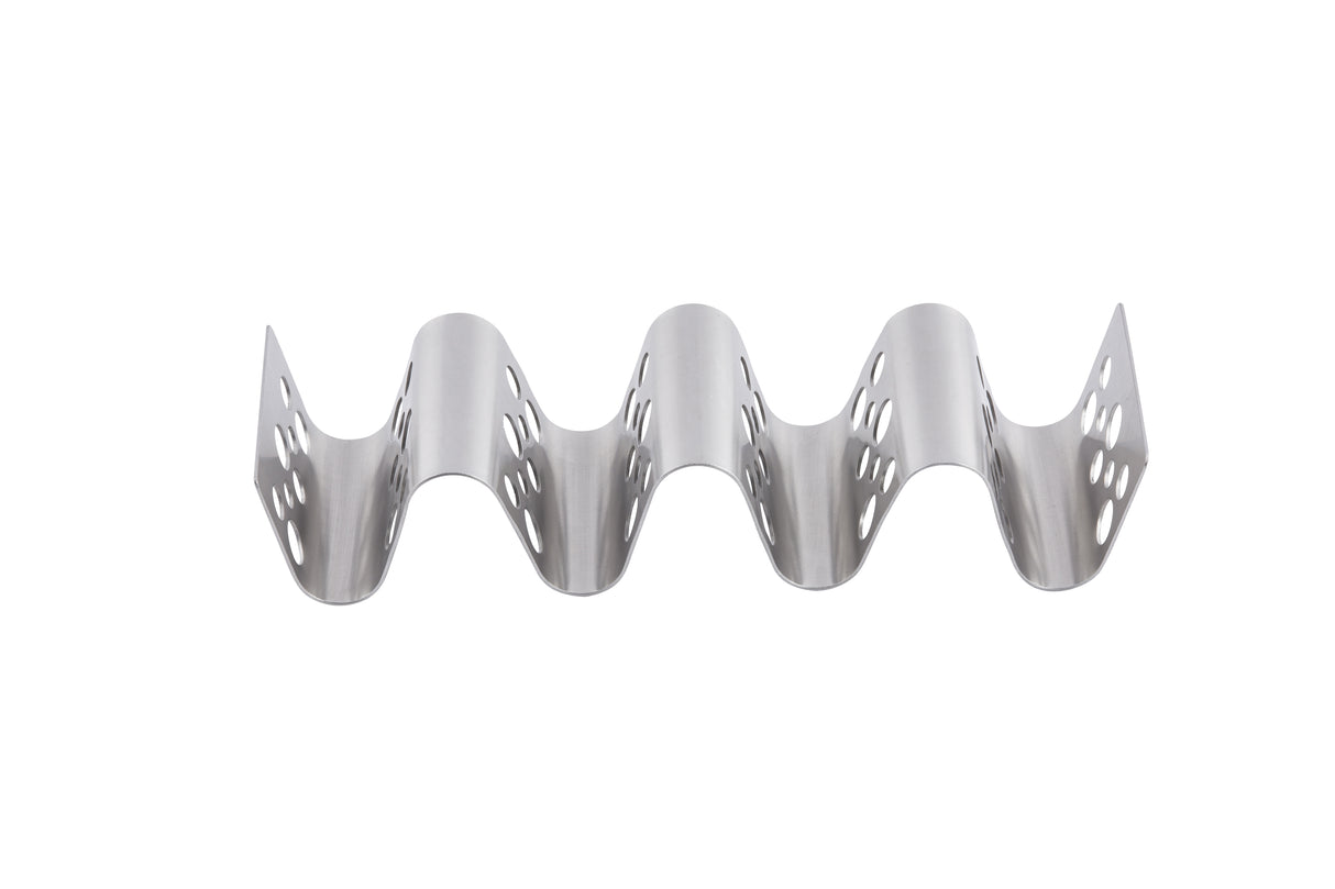 A wavy, stainless steel taco holder with four slots, each formed by a wave-shaped curve. The sides have small circular holes for ventilation. The Taco Taxi Server is dishwasher safe and sits on a white background.