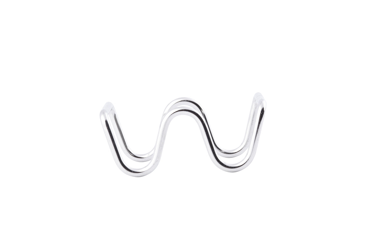 A shiny, stainless steel object shaped like the letter "W" is centered on a plain white background. The metal has smooth, rounded curves, reflects light with a polished look, and is dishwasher safe.