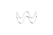 A shiny, stainless steel object forms a continuous zigzag shape with smooth curves, resembling the letter W. It stands upright on a plain white background with no other items visible.