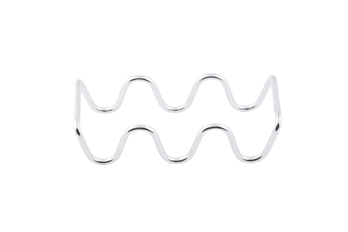 A shiny, silver stainless steel taco holder wire is bent into a repeating wavy zigzag pattern, forming symmetrical peaks and valleys. The Taco Taxi Server sits horizontally centered against a plain white background.
