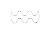 A shiny, silver stainless steel taco holder wire is bent into a repeating wavy zigzag pattern, forming symmetrical peaks and valleys. The Taco Taxi Server sits horizontally centered against a plain white background.