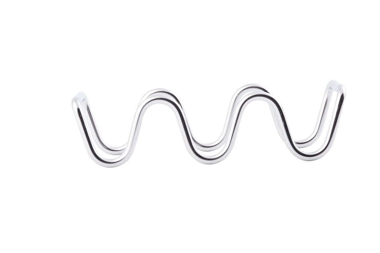 A shiny, metallic wire bent into a repeating wave resembles a stainless steel taco holder, displayed horizontally against a plain white background. The wire has smooth, rounded curves and reflective surfaces.