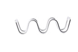 A shiny, metallic wire bent into a repeating wave resembles a stainless steel taco holder, displayed horizontally against a plain white background. The wire has smooth, rounded curves and reflective surfaces.