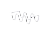 A metal object made of a single, shiny silver rod bent into wavy peaks and valleys stands on a white background. This minimalist, abstract sculpture is actually a stainless steel taco holder—dishwasher safe for easy cleaning—perfect as a Taco Taxi Server.