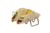 Three soft-shell tacos filled with avocado, shredded cheese, black beans, tomatoes, lettuce, and cilantro are displayed in a Taco Taxi Server— a stainless steel holder that securely holds 3-4 tacos against a plain white background.