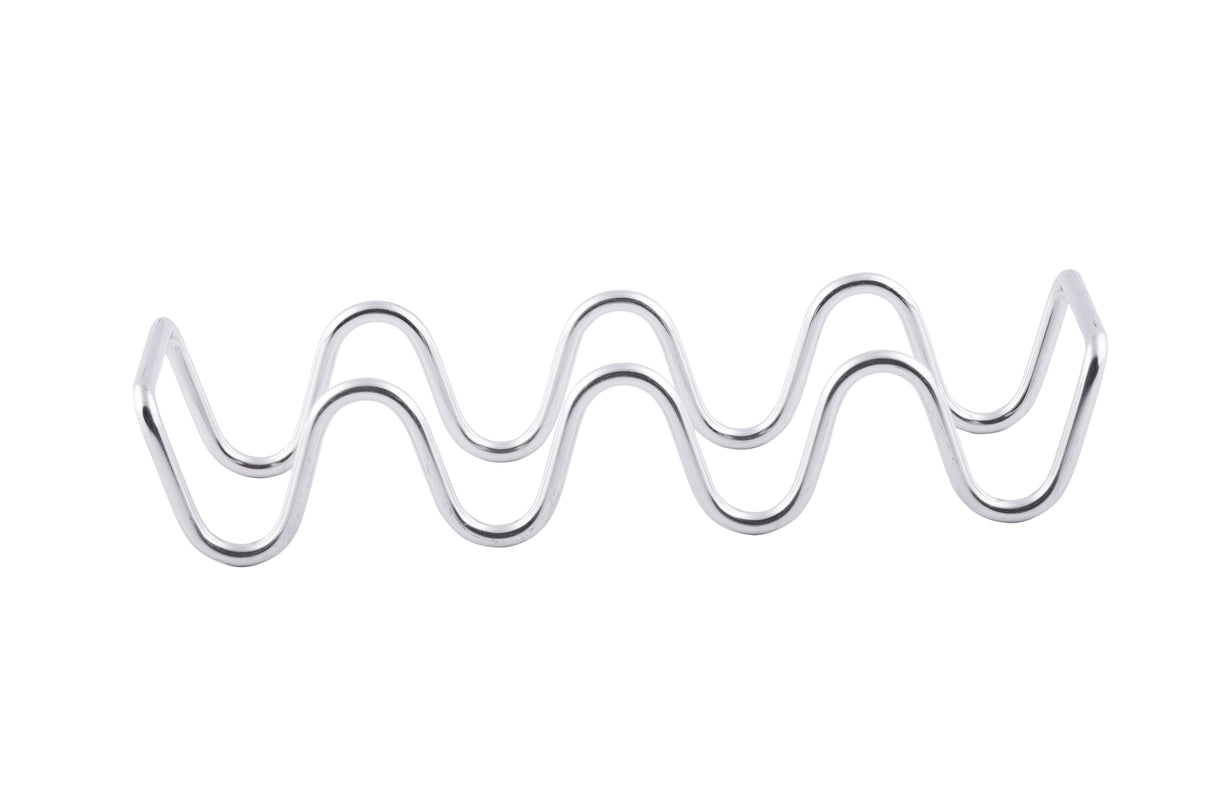 A stainless steel wire is bent into a wavy, zigzag shape with smooth curves and angles, resembling a sine wave. This Taco Taxi Server elegantly holds 3-4 tacos and is photographed against a plain white background.