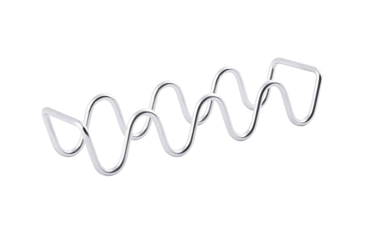 A stainless steel rack with a wave-like, zigzag pattern and triangular handles on both ends, holds 3-4 tacos and is isolated on a white background. Ideal as a Taco Taxi Server for organizing or serving your favorite tacos.