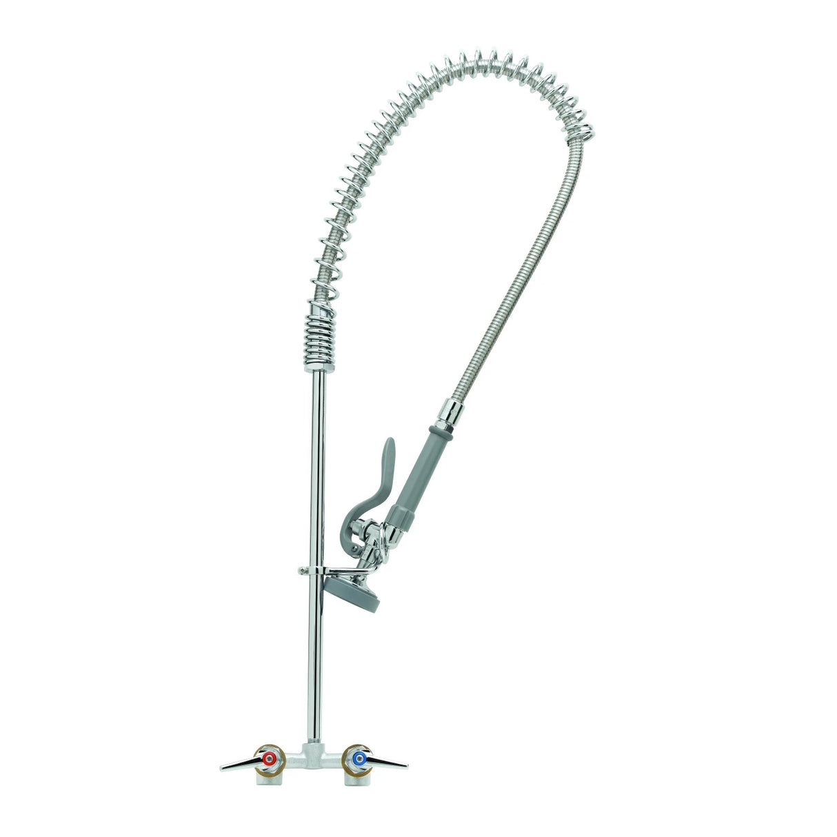 A commercial T&S Brass pre-rinse kitchen faucet with a tall, flexible spring neck and spray nozzle. This chrome-plated faucet features two handles—red for hot, blue for cold—and a gray lever for controlling the spray. Lead free construction.