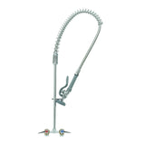 A commercial T&S Brass pre-rinse kitchen faucet with a tall, flexible spring neck and spray nozzle. This chrome-plated faucet features two handles—red for hot, blue for cold—and a gray lever for controlling the spray. Lead free construction.