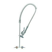 A commercial T&S Brass pre-rinse kitchen faucet with a tall, flexible spring neck and spray nozzle. This chrome-plated faucet features two handles—red for hot, blue for cold—and a gray lever for controlling the spray. Lead free construction.