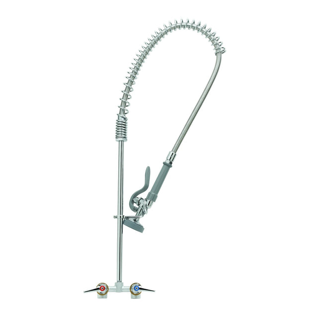 A commercial T&S Brass pre-rinse kitchen faucet with a tall, flexible spring neck and spray nozzle. This chrome-plated faucet features two handles—red for hot, blue for cold—and a gray lever for controlling the spray. Lead free construction.