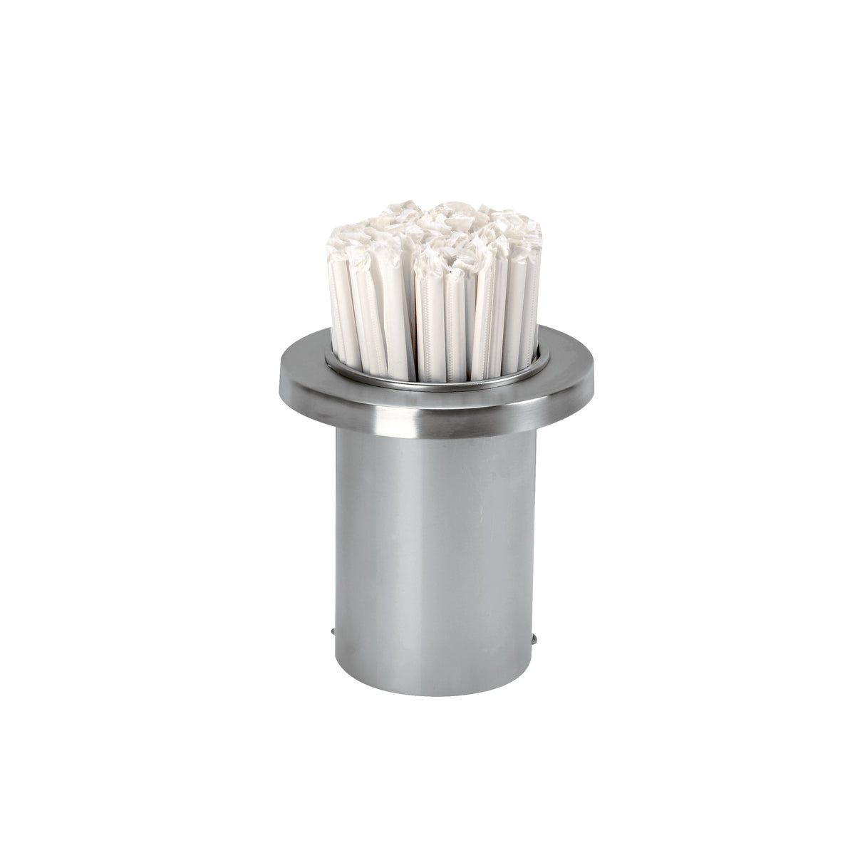 A stainless steel straw holder with a built-in dispenser holds a cluster of individually wrapped white paper straws, their tops fanned out above the rim, set against a plain white background.
