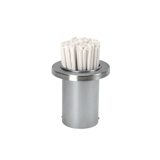 A stainless steel straw holder with a built-in dispenser holds a cluster of individually wrapped white paper straws, their tops fanned out above the rim, set against a plain white background.