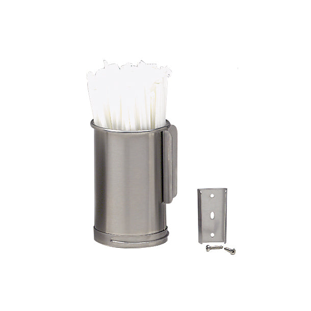 A Dispense-Rite stainless steel straw holder in a sleek cylindrical design holds white wrapped straws, with a mounting bracket and two screws placed beside it on a plain white background.