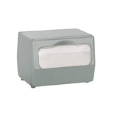 A rectangular tabletop napkin dispenser sits on a white background. It features a brushed silver finish and a front window displaying a stack of full fold napkins inside. The design is simple and utilitarian, ready for convenient use.