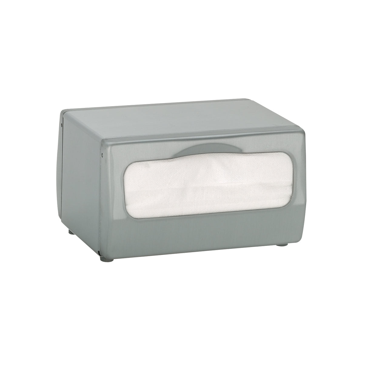 A rectangular silver tabletop napkin dispenser with a clear front window displays folded white mini fold napkins inside. The dispenser sits on a white surface and has a simple, functional design suitable for restaurants or cafeterias.