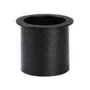 A black, cylindrical plastic grommet with a wide, flat rim, shown against a white background. The textured surface and hollow design resemble components used in drop-in trash chute systems for cable management in desks or furniture.