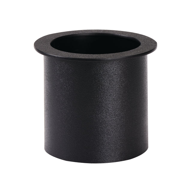 A black, cylindrical plastic grommet with a wide, flat rim, shown against a white background. The textured surface and hollow design resemble components used in drop-in trash chute systems for cable management in desks or furniture.