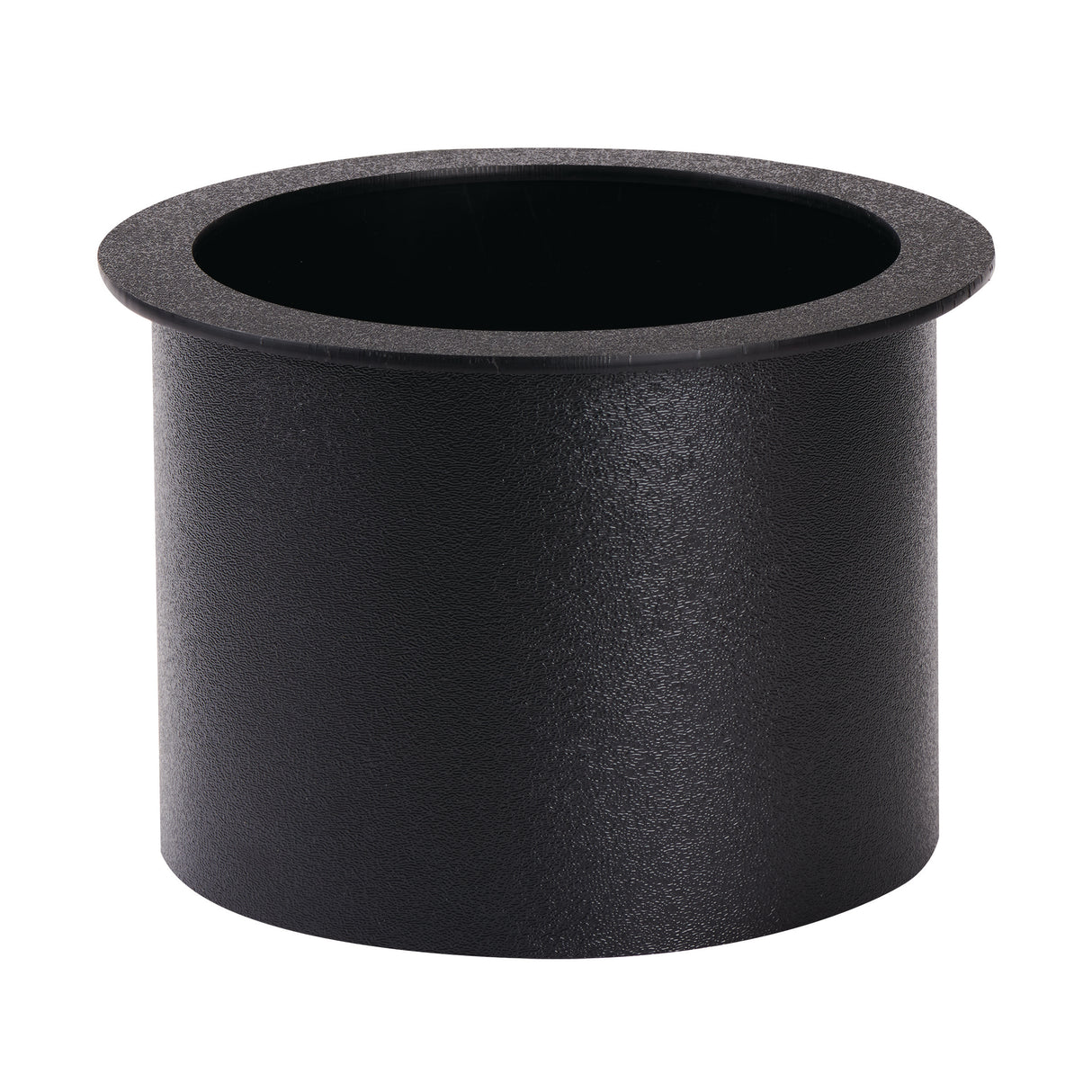 A black polystyrene, cylindrical object with a wide lip around the top edge, resembling a cup or insert. Its textured surface and open interior suggest it may be used as a drop-in trash chute liner for a container or countertop opening. The background is plain white.
