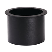 A black polystyrene, cylindrical object with a wide lip around the top edge, resembling a cup or insert. Its textured surface and open interior suggest it may be used as a drop-in trash chute liner for a container or countertop opening. The background is plain white.