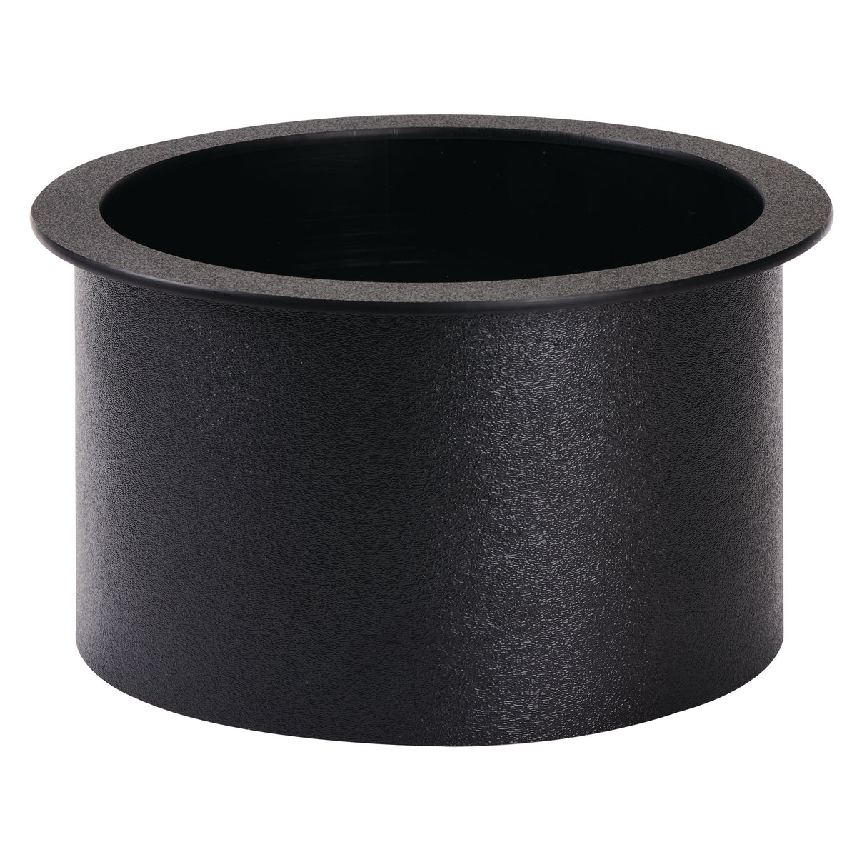 A black polystyrene cylindrical cup holder insert with a wide, flat drop-in rim. The surface is slightly textured, and the inside is smooth and hollow for holding cups or cans. The plain white background highlights its shape and details.