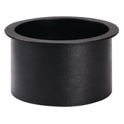 A black polystyrene cylindrical cup holder insert with a wide, flat drop-in rim. The surface is slightly textured, and the inside is smooth and hollow for holding cups or cans. The plain white background highlights its shape and details.