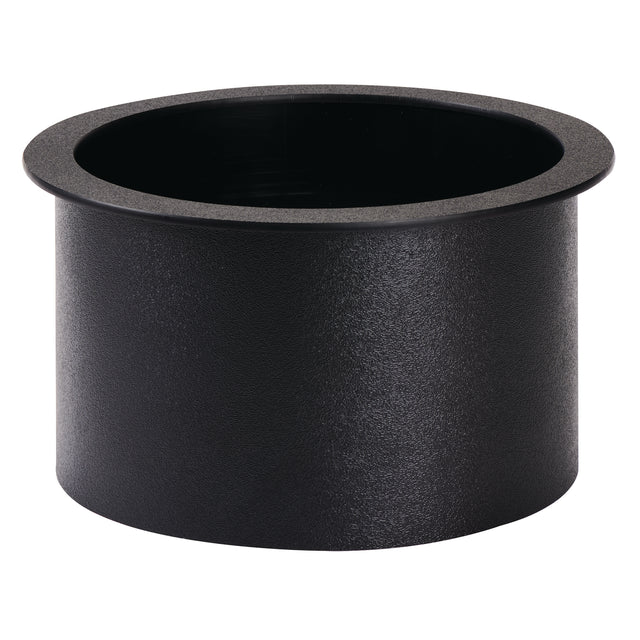 A black polystyrene cylindrical cup holder insert with a wide, flat drop-in rim. The surface is slightly textured, and the inside is smooth and hollow for holding cups or cans. The plain white background highlights its shape and details.
