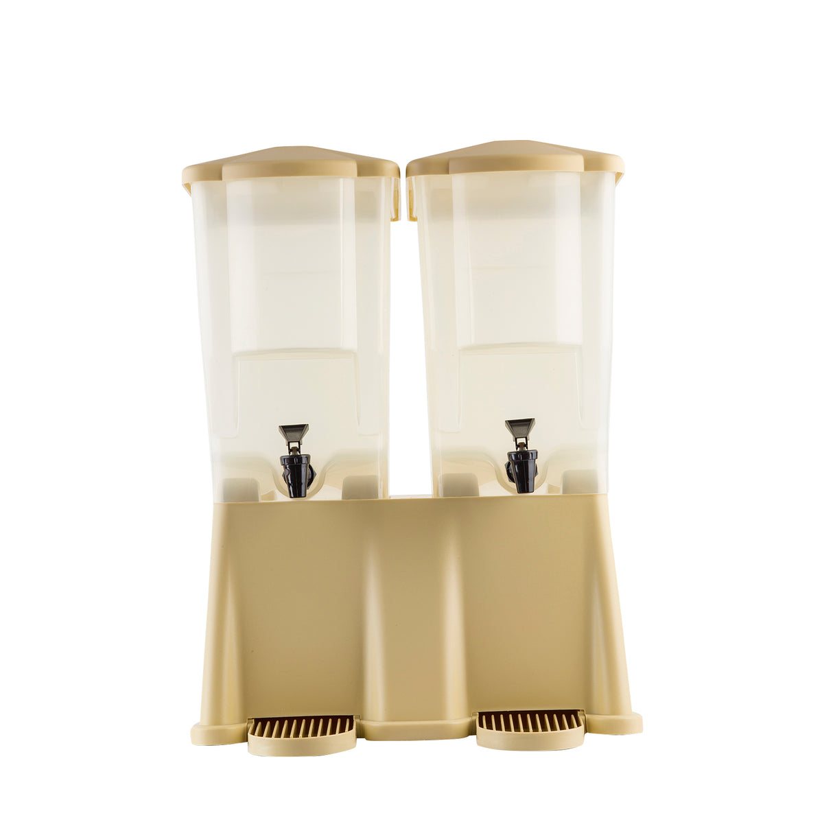 A Slimline Beverage Dispenser with dual 3 gallon reservoirs, each featuring a black spigot and lid. The clear containers are dishwasher safe, and the beige base has textured foot pads for stability on flat surfaces against a white background.