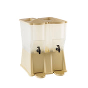 A beige Slimline Beverage Dispenser with dual clear, 3 gallon reservoirs features black spigots, matching beige lids and drip trays. Both dishwasher safe containers are joined by a sturdy beige base for reliable beverage service.