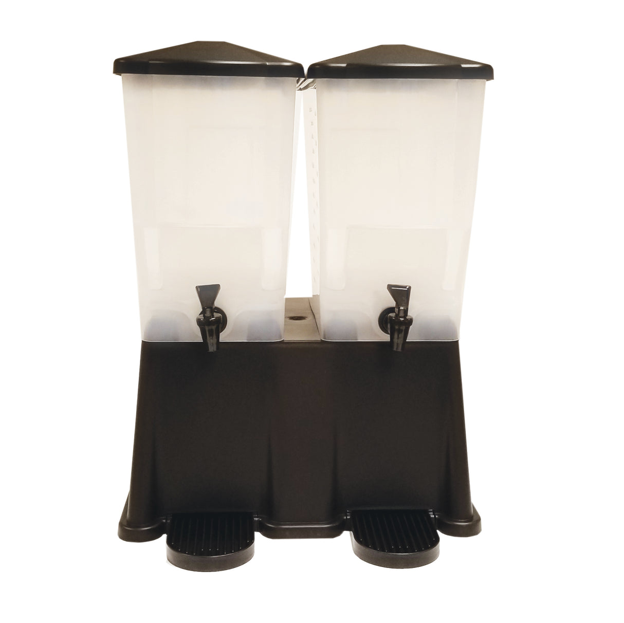 The Slimline Beverage Dispenser features two BPA free, 3 gallon reservoirs with black lids and spigots. Its black base includes two round drip trays, making it perfect for serving drinks with style and safety.