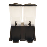 The Slimline Beverage Dispenser features two BPA free, 3 gallon reservoirs with black lids and spigots. Its black base includes two round drip trays, making it perfect for serving drinks with style and safety.