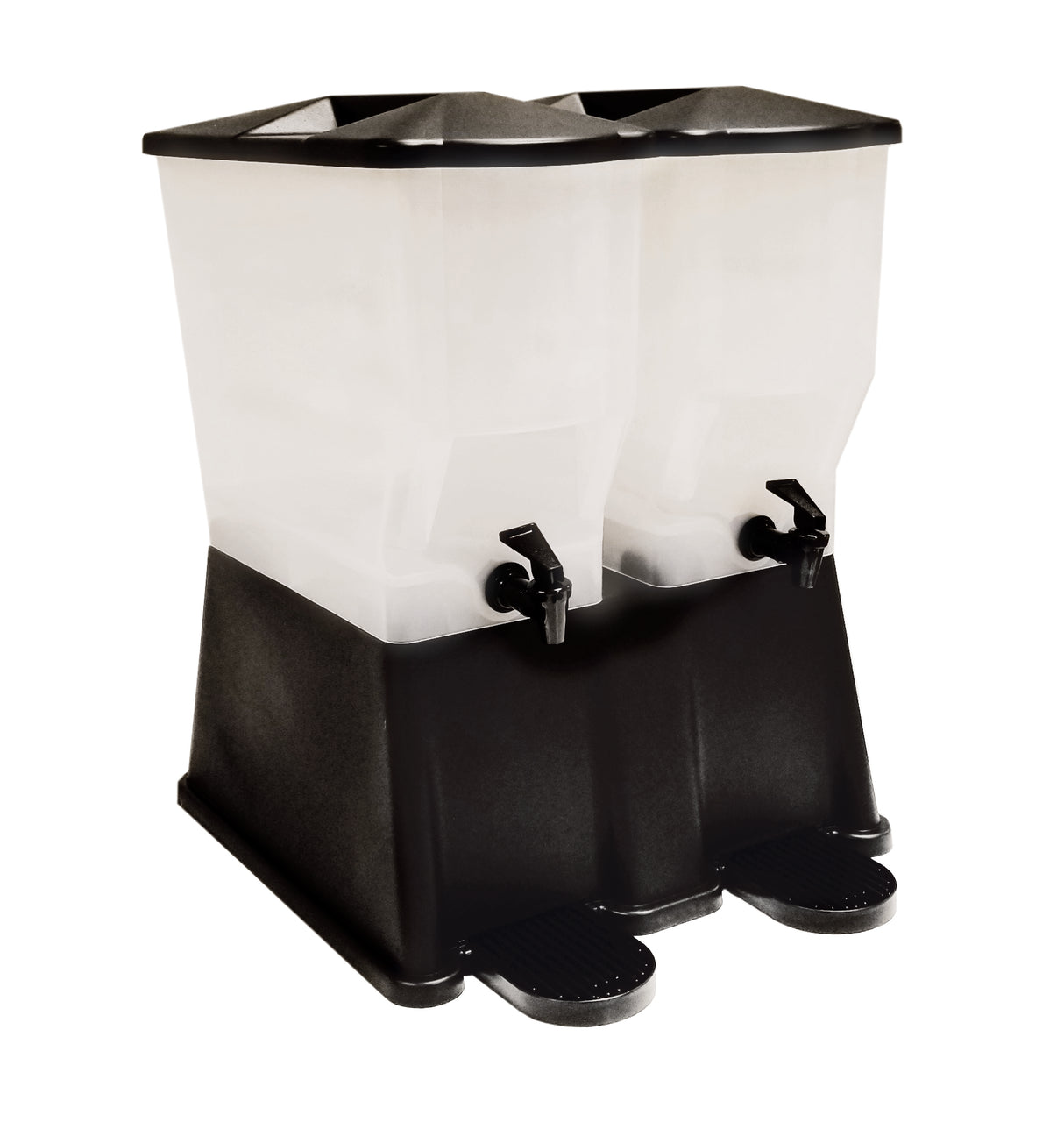 A slimline beverage dispenser with a black base and two clear, rectangular 3-gallon reservoirs. Each BPA free compartment features a black spigot, drip tray, and lid—perfect for self-service drinks at any event.