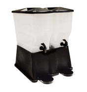 A slimline beverage dispenser with a black base and two clear, rectangular 3-gallon reservoirs. Each BPA free compartment features a black spigot, drip tray, and lid—perfect for self-service drinks at any event.