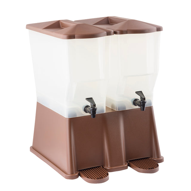 A sturdy Slimline Beverage Dispenser featuring two 3 gallon reservoirs with brown base and lids. Each translucent container offers a black spigot and built-in drip tray, while the unit is conveniently dishwasher safe for easy cleaning.