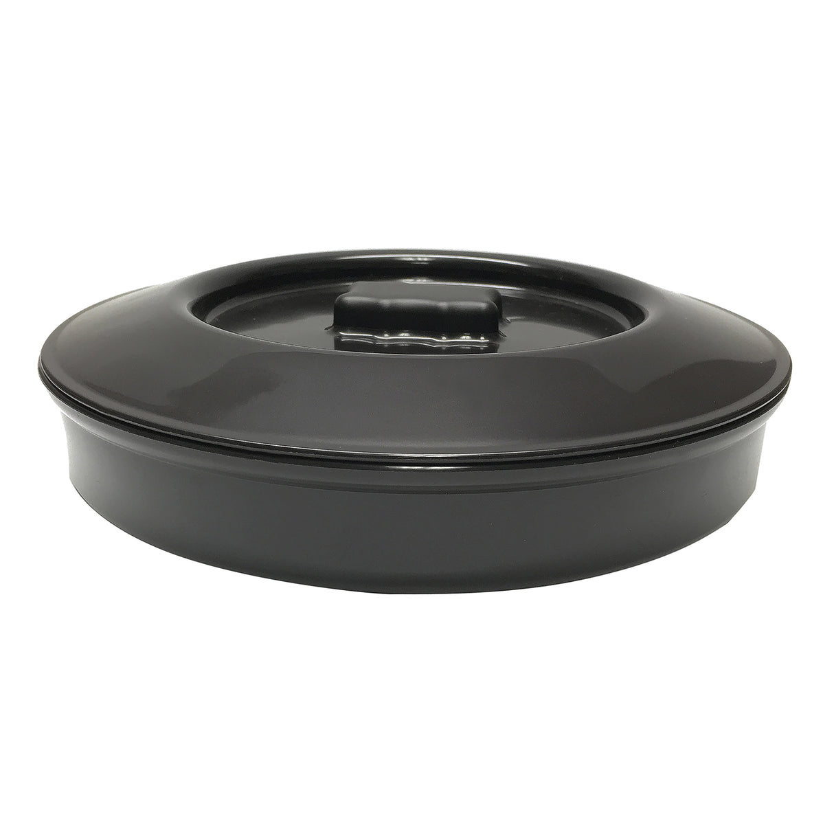 A black, round, shallow polypropylene tortilla warmer with a matching lid. The flat, rectangular handle sits in the center. The glossy, smooth surface reflects light. Dishwasher safe, its simple and modern design complements any table.