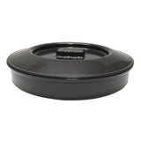 A black, round, shallow polypropylene tortilla warmer with a matching lid. The flat, rectangular handle sits in the center. The glossy, smooth surface reflects light. Dishwasher safe, its simple and modern design complements any table.