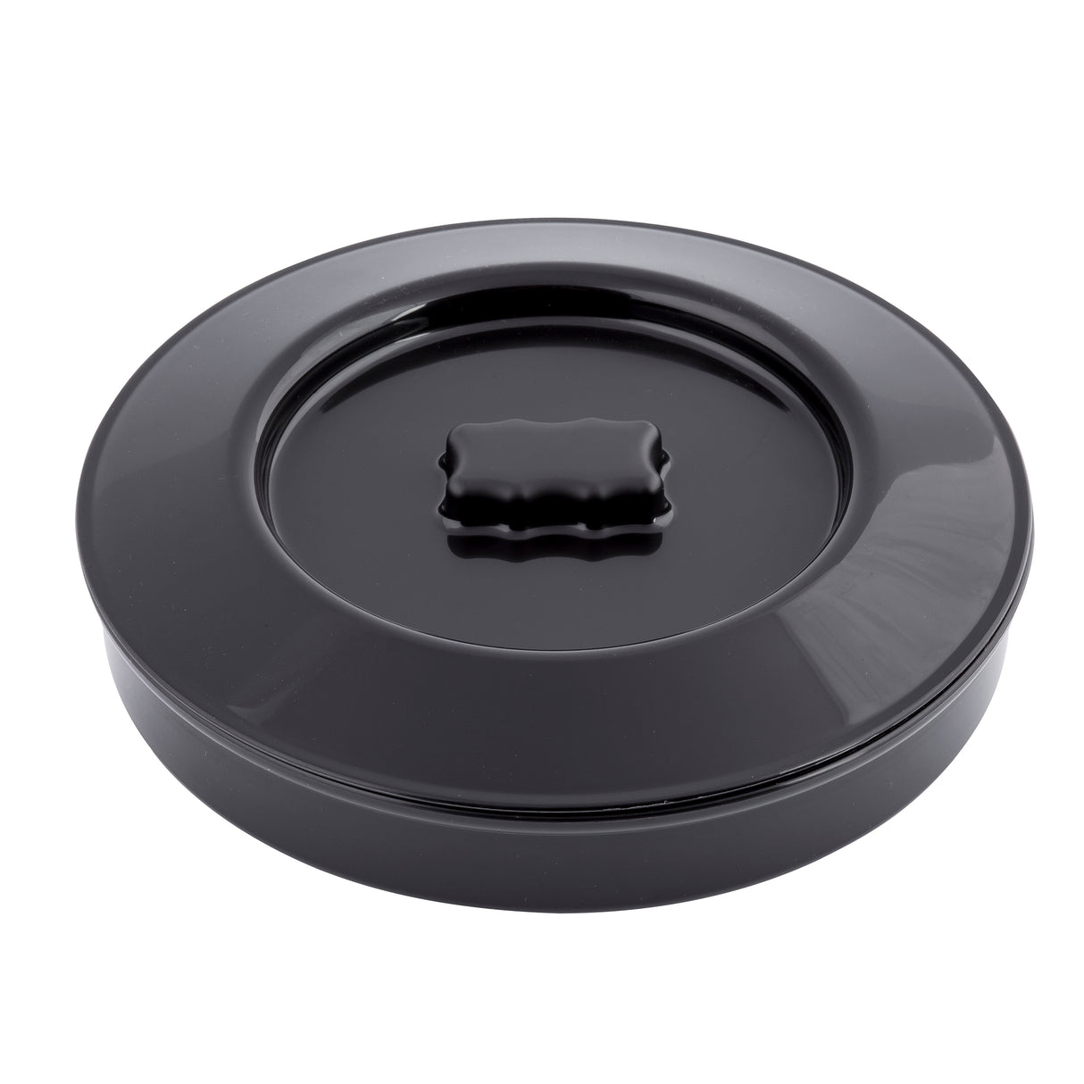 A round, glossy black tortilla warmer made of polypropylene with a matching lid. The ridged handle sits at the center, and its smooth surface reflects light. This dishwasher safe container is shown on a plain white background.