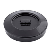 A round, glossy black tortilla warmer made of polypropylene with a matching lid. The ridged handle sits at the center, and its smooth surface reflects light. This dishwasher safe container is shown on a plain white background.
